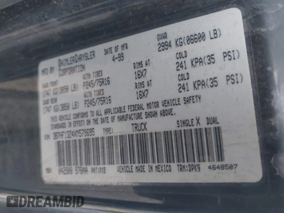1999 Dodge 1500 with VIN 3B7HF13Z4XM579695, listed as a IAAI auction lot 41795036 with 117,785 mi miles and . Bid and sale history available at DreamBid. Image 9.