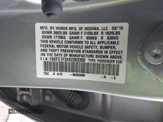 2019 Honda Civic Sedan EX with VIN 19XFC1F3XKE003300, listed as a IAAI auction lot 41889174 with 38,965 mi miles. Bid and sale history available at carsss.com. Image 9.