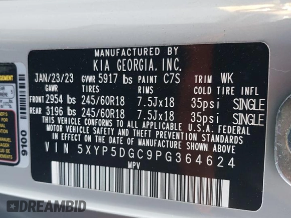 2023 Kia Telluride SX X-Line with VIN 5XYP5DGC9PG364624, listed as a Copart auction lot 80319664 with 12,574 mi miles and Salvage title. Bid and sale history available at DreamBid. Image 13.