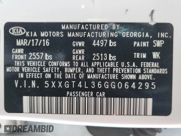 2016 Kia Optima LX with VIN 5XXGT4L36GG064295, listed as a Copart auction lot 51520065 with 123,249 mi miles and Salvage Title. Bid and sale history available at carsss.com. Image 12.