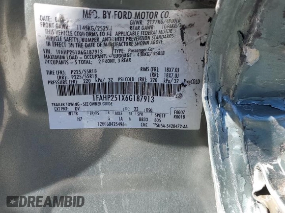 2006 Ford Five Hundred Limited with VIN 1FAHP251X6G187913, listed as a Copart auction lot 46833085 with 184,755 mi miles and Salvage title. Bid and sale history available at DreamBid. Image 14.