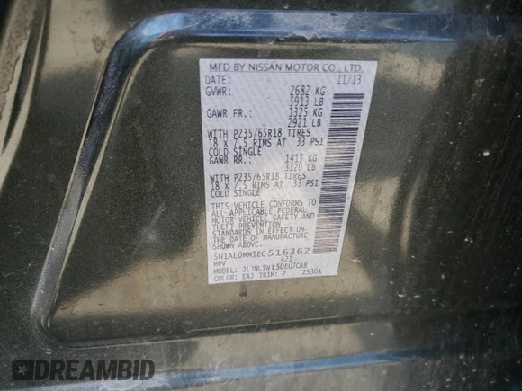 2014 Infiniti QX60 with VIN 5N1AL0MM1EC516362, listed as a Copart auction lot 62990775 with 171,491 mi miles and Clean title. Bid and sale history available at DreamBid. Image 13.