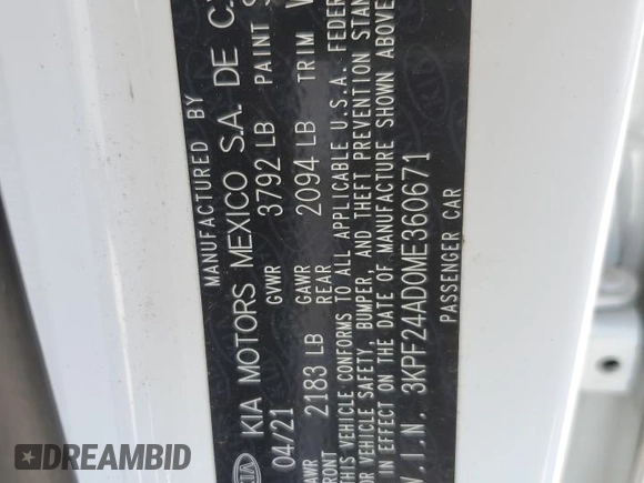 2021 Kia Forte LXS z VIN 3KPF24AD0ME360671, wystawiony jako Copart lot #56212885 z przebiegiem 84 205 mil mil oraz Szkoda całkowita • Salvage title. Historia ofert i sprzedaży dostępna na DreamBid. Obrazek 13.