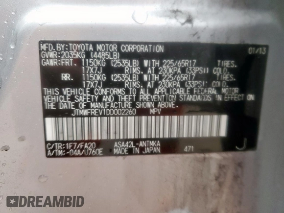 2013 Toyota RAV4 XLE with VIN JTMWFREV1DD002260, listed as a Copart auction lot 60715475 with 56,092 mi miles and Salvage title. Bid and sale history available at DreamBid. Image 13.