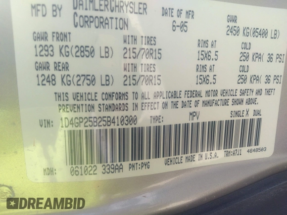 2005 Dodge Caravan SE with VIN 1D4GP25B25B410300, listed as a IAAI auction lot 42117541 with 34,596 mi miles and . Bid and sale history available at DreamBid. Image 9.
