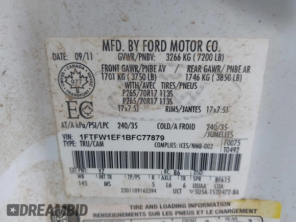 2011 Ford F-150 XL with VIN 1FTFW1EF1BFC77879, listed as a IAAI auction lot 42008883 with 258,812 mi miles. Bid and sale history available at carsss.com. Image 9.