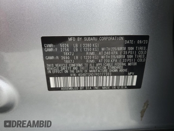 2024 Subaru Outback Limited XT with VIN 4S4BTGND7R3177303, listed as a Copart auction lot 55177725 with 9,374 mi miles and Salvage title. Bid and sale history available at DreamBid. Image 14.