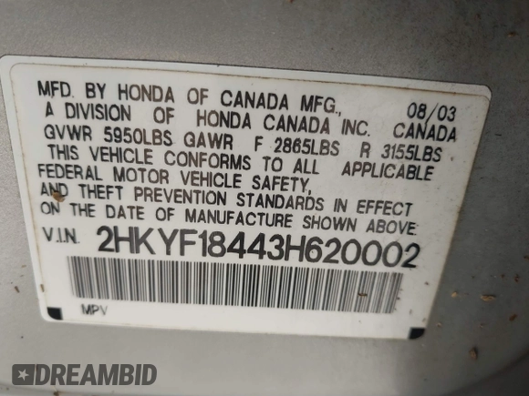 2003 Honda Pilot EX with VIN 2HKYF18443H620002, listed as a IAAI auction lot 41688454 with 213,392 mi miles. Bid and sale history available at carsss.com. Image 9.