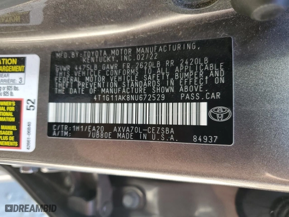 2022 Toyota Camry SE with VIN 4T1G11AK8NU672529, listed as a Copart auction lot 73362154 with 78,475 mi miles and Salvage Title. Bid and sale history available at carsss.com. Image 13.