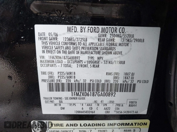 2007 Ford Freestyle Limited with VIN 1FMZK06187GA00892, listed as a IAAI auction lot 41894153 with 159,424 mi miles and . Bid and sale history available at DreamBid. Image 9.