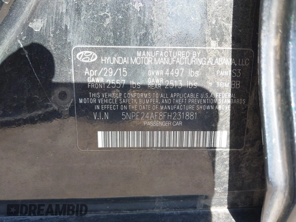 2015 Hyundai Sonata 2.4L SE with VIN 5NPE24AF8FH231881, listed as a IAAI auction lot 41678506 with 74,261 mi miles. Bid and sale history available at carsss.com. Image 9.