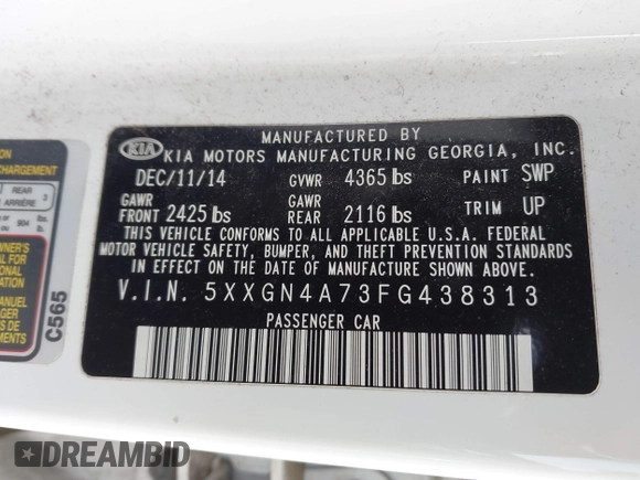 2015 Kia Optima EX with VIN 5XXGN4A73FG438313, listed as a IAAI auction lot 41699954 with 76,584 mi miles. Bid and sale history available at carsss.com. Image 9.