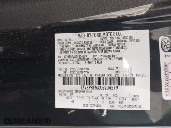 2012 Ford Mustang V6 with VIN 1ZVBP8EMXC5204579, listed as a IAAI auction lot 42240673 with 177,917 mi miles and . Bid and sale history available at DreamBid. Image 9.