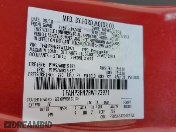 2011 Ford Focus SE with VIN 1FAHP3FN2BW123971, listed as a Copart auction lot 55453165 with 117,976 mi miles and Clean Title. Bid and sale history available at carsss.com. Image 12.
