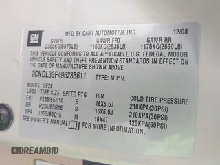2009 Chevrolet Equinox LT w/1LT with VIN 2CNDL33F496235611, listed as a IAAI auction lot 41594284 with 75,555 mi miles. Bid and sale history available at carsss.com. Image 9.