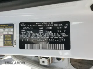 2013 Kia Optima EX with VIN 5XXGN4A71DG244277, listed as a Copart auction lot 56191925 with 147,641 mi miles and Salvage title. Bid and sale history available at DreamBid. Image 12.
