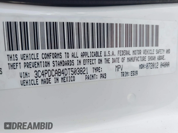 2013 Dodge Journey American Value with VIN 3C4PDCAB4DT503821, listed as a IAAI auction lot 42462848 with 109,902 mi miles and . Bid and sale history available at DreamBid. Image 9.