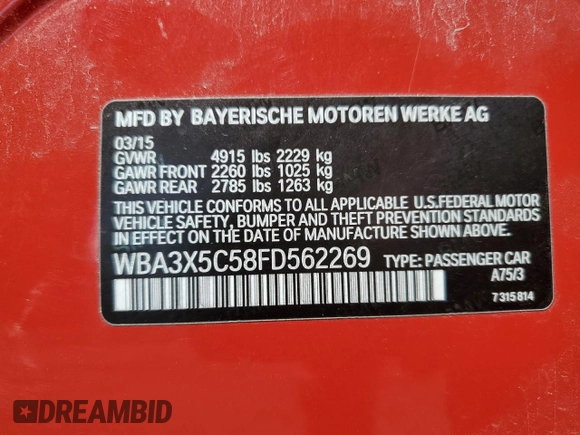 2015 BMW 3 Series 328i Gran Turismo xDrive with VIN WBA3X5C58FD562269, listed as a Copart auction lot 61857885 with Not provided miles and Clean title. Bid and sale history available at DreamBid. Image 12.