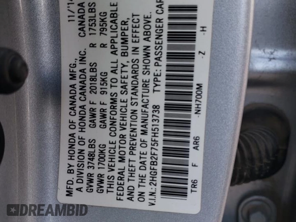 2015 Honda Civic SE z VIN 2HGFB2F75FH513738, wystawiony jako Copart lot #54945725 z przebiegiem 107 789 mil mil oraz Szkoda całkowita • Salvage title. Historia ofert i sprzedaży dostępna na DreamBid. Obrazek 13.