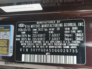 2016 Kia Sorento LX with VIN 5XYPGDA53GG029735, listed as a Copart auction lot 54059235 with 109,834 mi miles and Salvage Title. Bid and sale history available at carsss.com. Image 14.