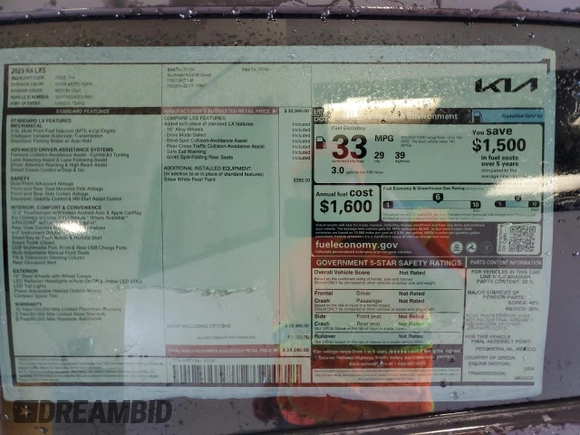 2025 Kia K4 LXS with VIN 3KPFT4DE4SE019661, listed as a Copart auction lot 44309075 with 25 mi miles and Salvage Title. Bid and sale history available at carsss.com. Image 12.
