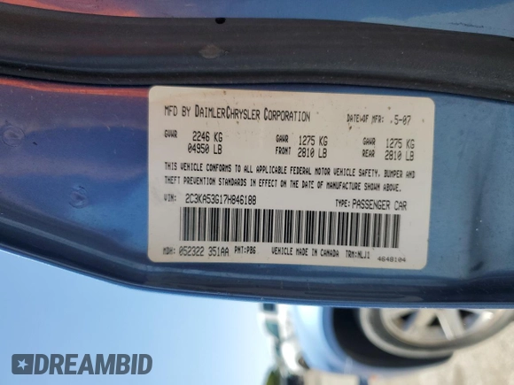 2007 Chrysler 300 Touring z VIN 2C3KA53G17H846188, wystawiony jako Copart lot #56031625 z przebiegiem 121 198 mil mil oraz Szkoda całkowita • Salvage title. Historia ofert i sprzedaży dostępna na DreamBid. Obrazek 12.