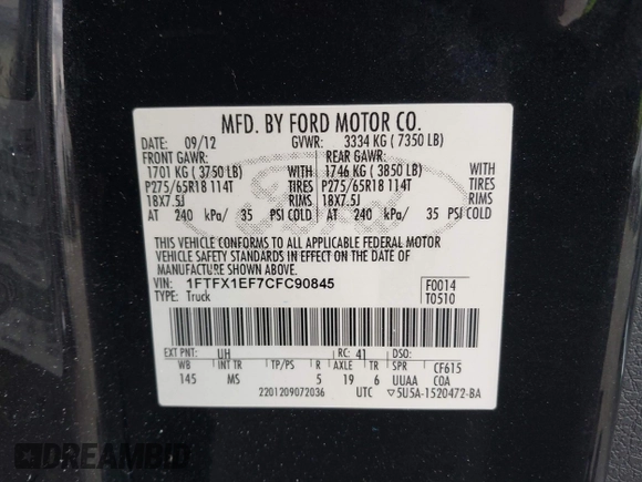 2012 Ford F-150 XL with VIN 1FTFX1EF7CFC90845, listed as a IAAI auction lot 41608727 with 210,576 mi miles. Bid and sale history available at carsss.com. Image 9.