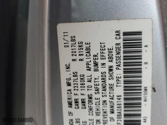 2011 Honda Accord Sdn LX with VIN 1HGCP2F39BA088146, listed as a Copart auction lot 54145175 with 370,213 mi miles and Clean Title. Bid and sale history available at carsss.com. Image 12.