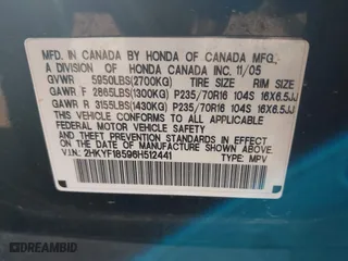 2006 Honda Pilot EX-L with VIN 2HKYF18596H512441, listed as a IAAI auction lot 41842107 with 248,844 mi miles. Bid and sale history available at carsss.com. Image 9.