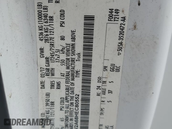 2017 Ford F-250 XL with VIN 1FT7W2A68HEC80552, listed as a Copart auction lot 45346095 with 142,720 mi miles and Salvage title. Bid and sale history available at DreamBid. Image 13.