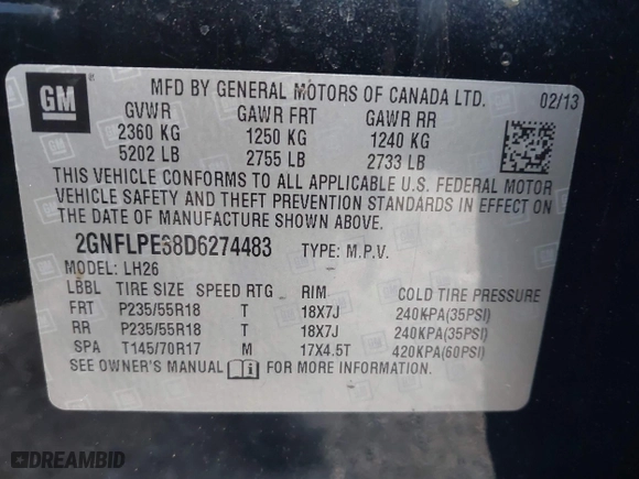 2013 Chevrolet Equinox LT with VIN 2GNFLPE38D6274483, listed as a IAAI auction lot 41580178 with 999,999 mi miles. Bid and sale history available at carsss.com. Image 9.