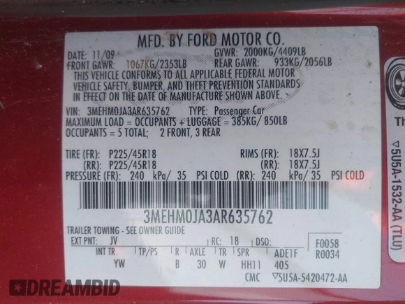 2010 Mercury Milan Premier с VIN 3MEHM0JA3AR635762, выставлен на аукционе IAAI как лот 42055427 с пробегом 143 326 миль миль и . История ставок и продаж доступна на DreamBid. Изображение 9.