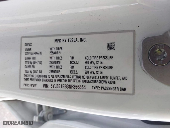2022 Tesla Model 3 Long Range with VIN 5YJ3E1EB3NF356854, listed as a IAAI auction lot 40948390 with NaN miles. Bid and sale history available at carsss.com. Image 9.