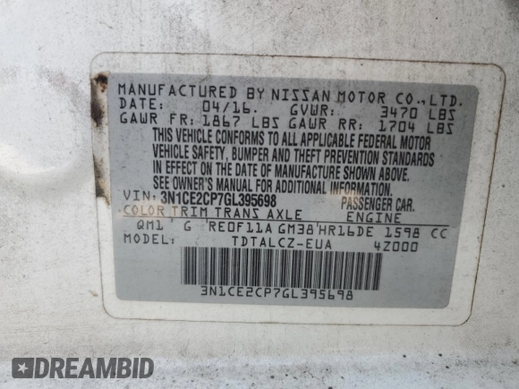 2016 Nissan Note S с VIN 3N1CE2CP7GL395698, выставлен на аукционе Copart как лот 59142405 с пробегом 169 664 миль миль и Чистый • Clean title. История ставок и продаж доступна на DreamBid. Изображение 12.