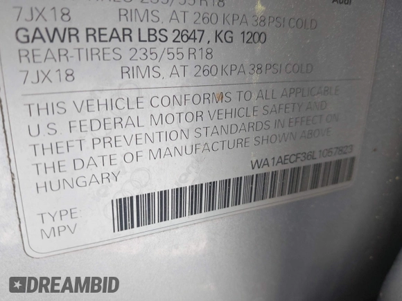 2020 Audi Q3 Premium with VIN WA1AECF36L1057823, listed as a IAAI auction lot 41912118 with 71,004 mi miles and . Bid and sale history available at DreamBid. Image 9.