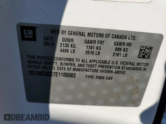 2014 Chevrolet Impala LTZ with VIN 2G1WC5E37E1186982, listed as a Copart auction lot 52500675 with 162,692 mi miles and Salvage Title. Bid and sale history available at DreamBid. Image 12.