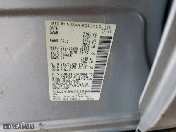 2015 Nissan Murano SL with VIN 5N1AZ2MH2FN255066, listed as a Copart auction lot 46307395 with 101,032 mi miles and Salvage Title. Bid and sale history available at carsss.com. Image 13.