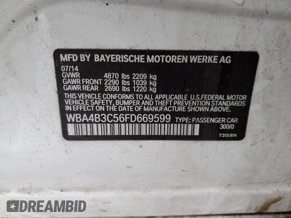 2015 BMW 4 Series 435i xDrive with VIN WBA4B3C56FD669599, listed as a Copart auction lot 43461545 with 186,082 mi miles and Salvage title. Bid and sale history available at DreamBid. Image 12.