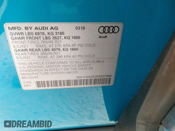 2019 Audi e-tron Prestige с VIN WA1VAAGE0KB007669, выставлен на аукционе IAAI как лот 40253514 с пробегом 45 177 миль миль и . История ставок и продаж доступна на DreamBid. Изображение 9.