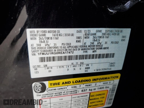 2024 Ford Expedition Timberline z VIN 1FMJU1RG0REA17472, wystawiony jako Copart lot #68238424 z przebiegiem Nie podano mil oraz Szkoda całkowita • Salvage title. Historia ofert i sprzedaży dostępna na DreamBid. Obrazek 16.