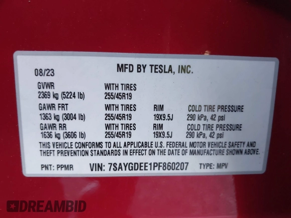2023 Tesla Model Y Long Range with VIN 7SAYGDEE1PF860207, listed as a IAAI auction lot 41101287 with 24,320 mi miles. Bid and sale history available at carsss.com. Image 9.