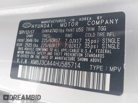 2017 Hyundai Tucson SE with VIN KM8J3CA44HU585714, listed as a IAAI auction lot 42097980 with 96,483 mi miles. Bid and sale history available at carsss.com. Image 9.