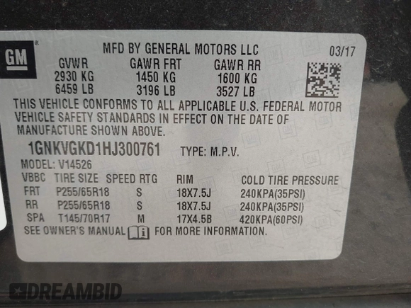 2017 Chevrolet Traverse LT with VIN 1GNKVGKD1HJ300761, listed as a IAAI auction lot 41900477 with 83,219 mi miles and . Bid and sale history available at DreamBid. Image 9.