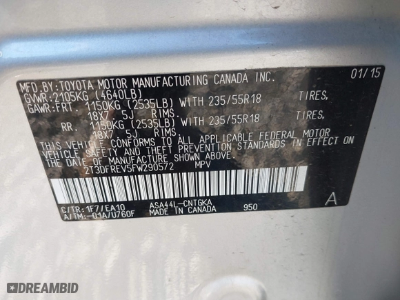 2015 Toyota RAV4 Limited with VIN 2T3DFREV5FW290572, listed as a IAAI auction lot 40566258 with 70,431 mi miles. Bid and sale history available at carsss.com. Image 9.