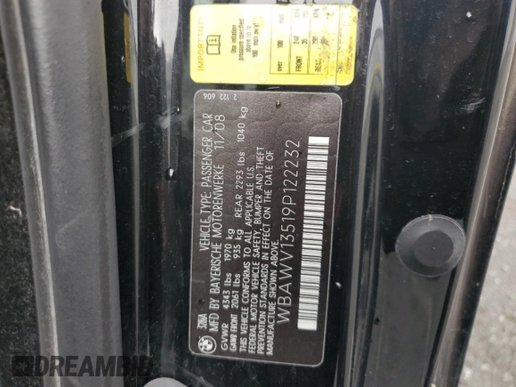 2009 BMW 3 Series 328i with VIN WBAWV13519P122232, listed as a Copart auction lot 85027644 with 192,228 mi miles and Salvage Title. Bid and sale history available at DreamBid. Image 12.