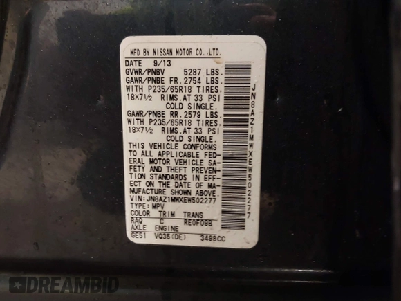 2014 Nissan Murano S with VIN JN8AZ1MWXEW502277, listed as a IAAI auction lot 41484947 with 130,817 mi miles and . Bid and sale history available at DreamBid. Image 9.