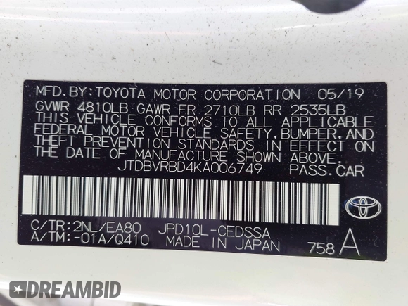 2019 Toyota Mirai with VIN JTDBVRBD4KA006749, listed as a IAAI auction lot 42287199 with 70,677 mi miles and . Bid and sale history available at DreamBid. Image 9.