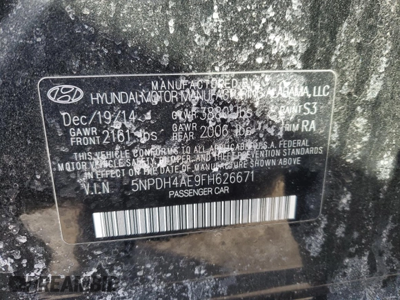 2015 Hyundai Elantra SE with VIN 5NPDH4AE9FH626671, listed as a Copart auction lot 45170355 with 120,369 mi miles and Clean Title. Bid and sale history available at DreamBid. Image 12.