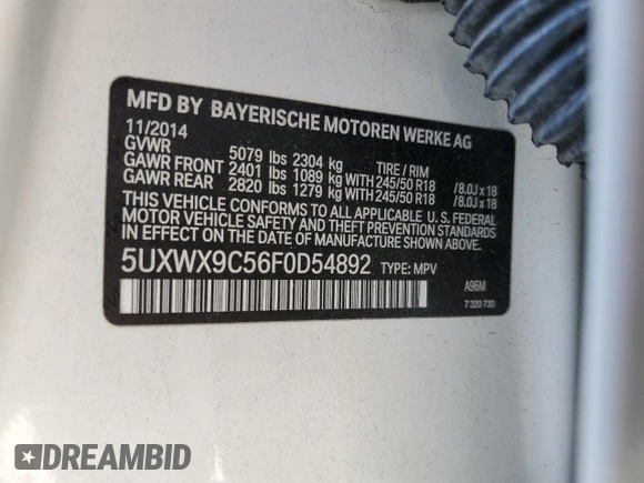 2015 BMW X3 xDrive28i with VIN 5UXWX9C56F0D54892, listed as a Copart auction lot 53505645 with 130,502 mi miles and Salvage Title. Bid and sale history available at DreamBid. Image 13.