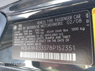 2008 BMW 3 Series 328i with VIN WBAWR33578P152351, listed as a IAAI auction lot 41791540 with 93,528 mi miles and . Bid and sale history available at carsss.com. Image 9.